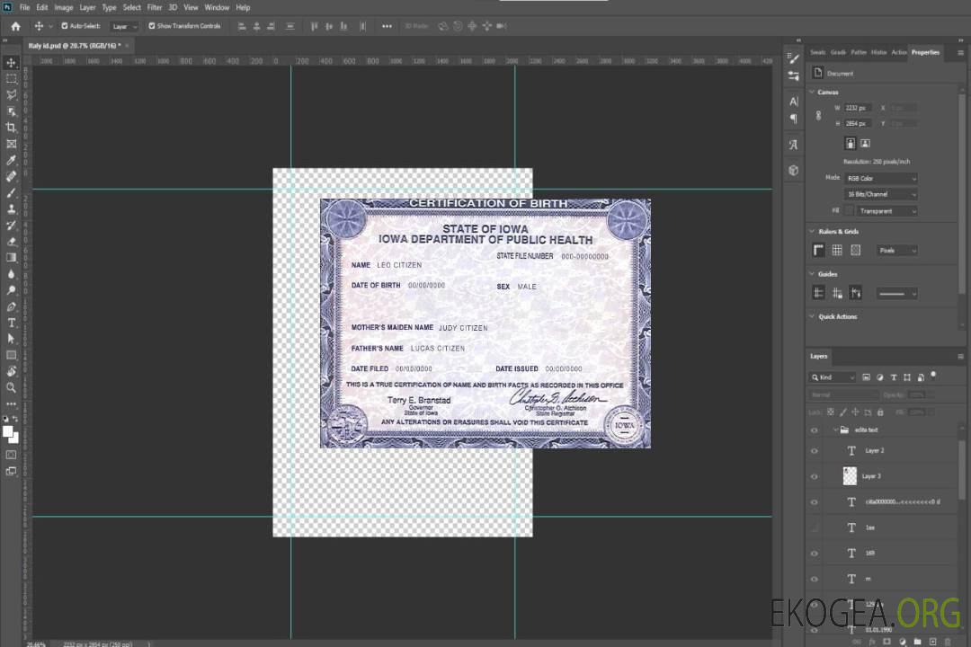Modèle de certificat de naissance de l'État de l'Iowa aux États-Unis au format PSD template